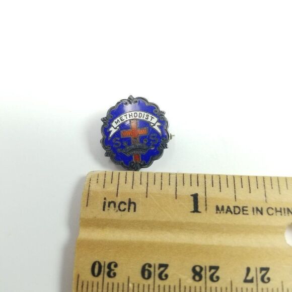 Vintage Enamel Methodist Pin, Blue Red White, Littles System Brooch, Tarnished - Picture 5 of 5